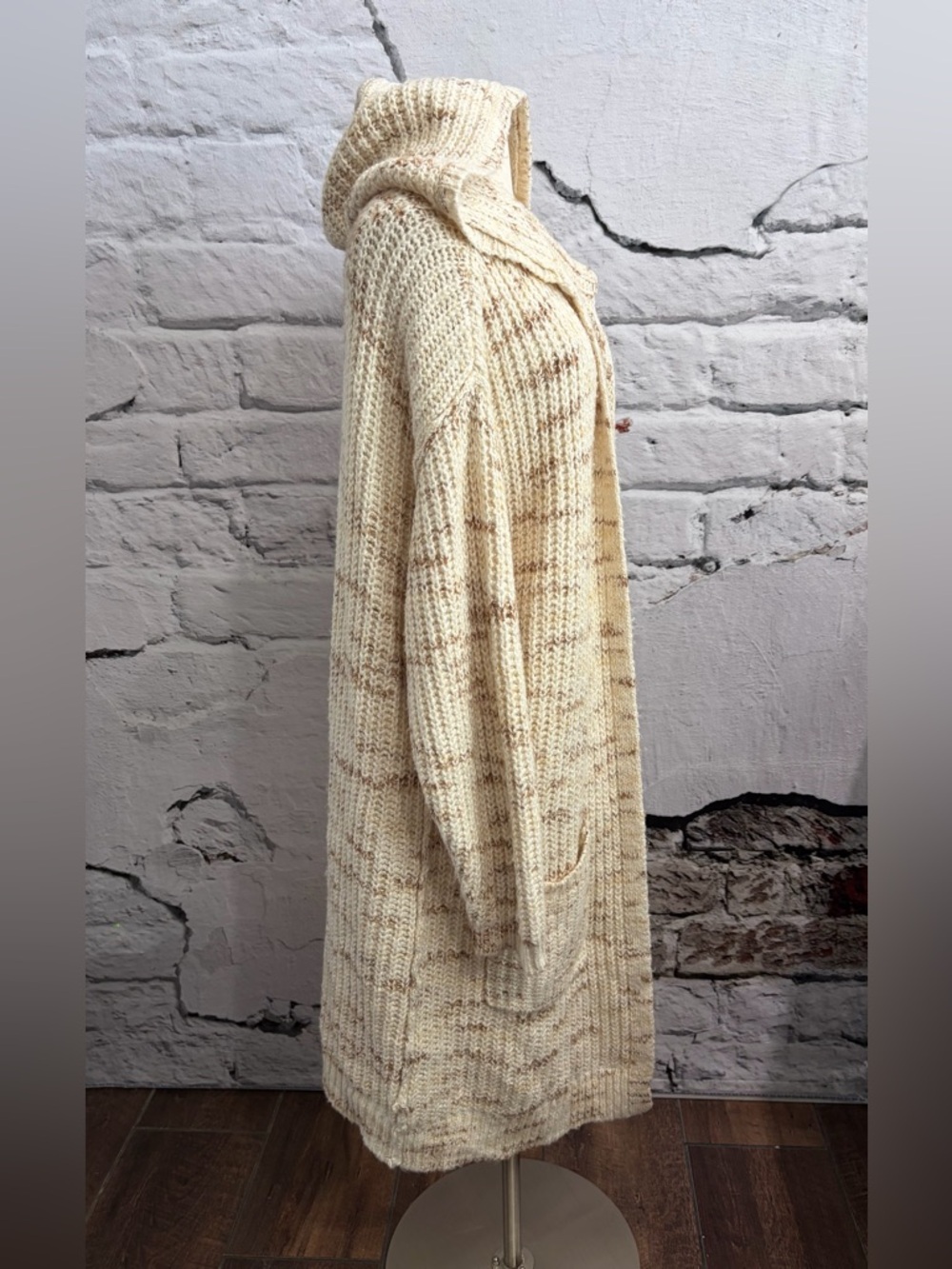 Sundance Wool Blend Knit Crochet Long Sweater‎ Coat Hooded Pockets Neutral - Picture 3 of 6